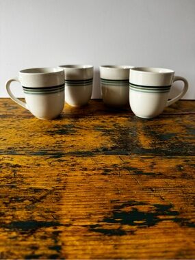 Gibson Cream Ceramic Mugs with Shades of Green Stripes - Set of 4